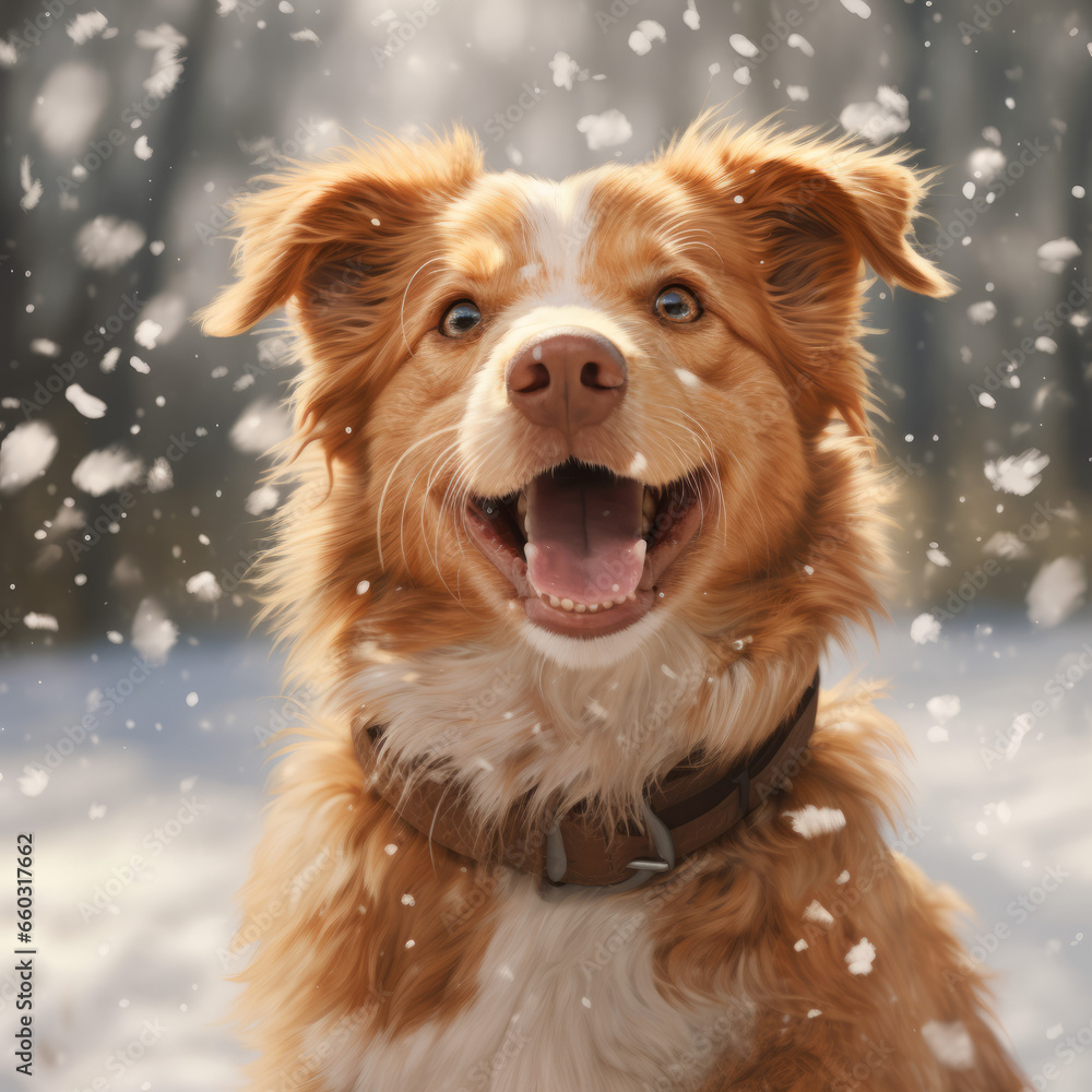 happy dog playing in snow loving the winter and snowflakes 