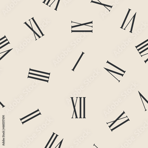 Roman numerals are scattered chaotically across the background, forming a seamless textile pattern. Black and white. 