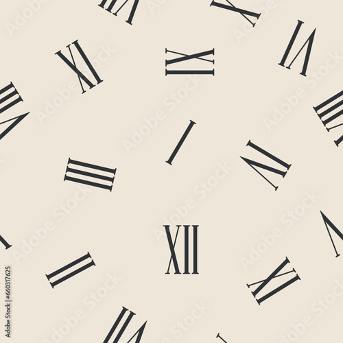 Roman numerals are scattered chaotically across the background, forming a seamless textile pattern. Black and white. Vector.