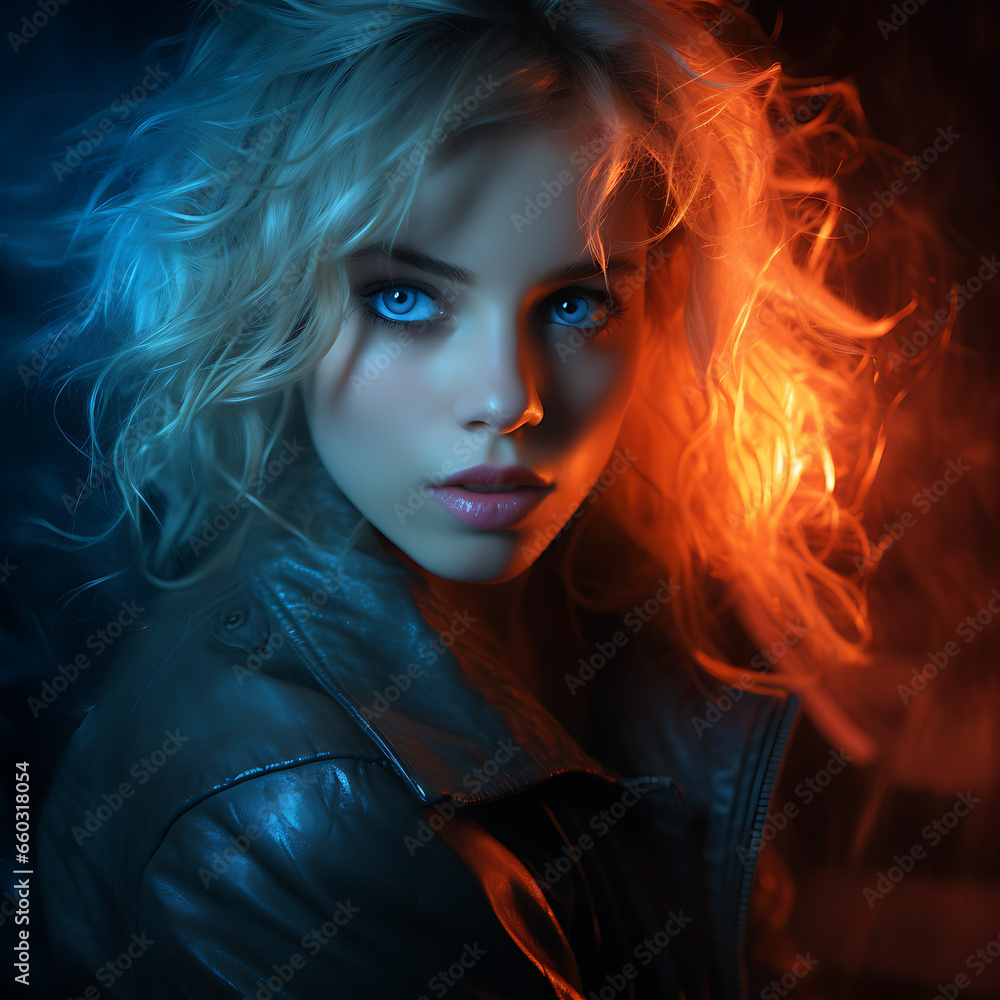 Intense Look Blonde Under Blue-Orange Lights Intense Look Blonde Under Blue-Orange Lights