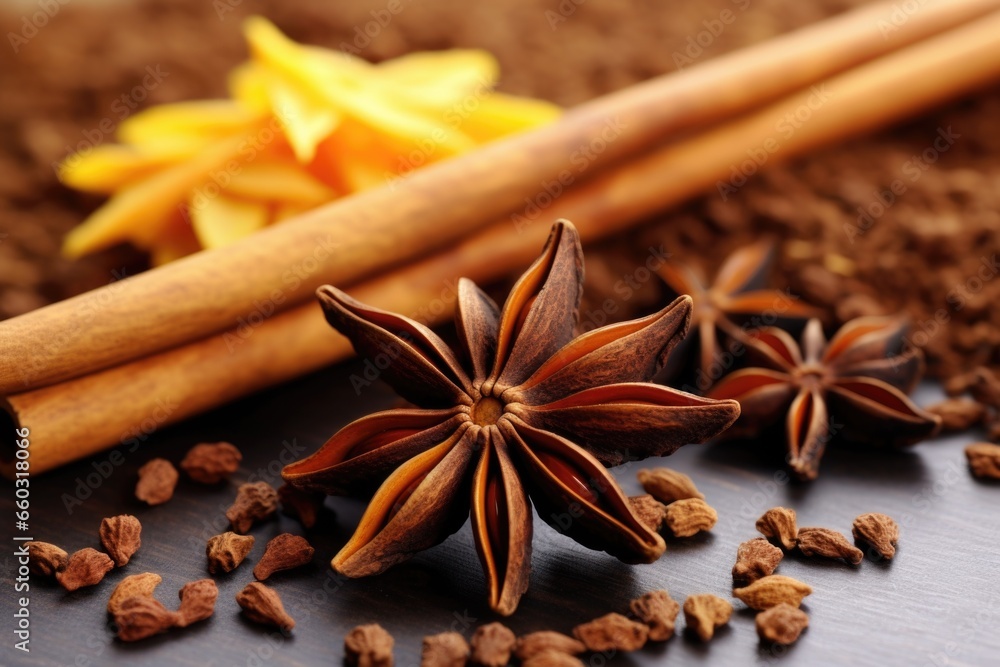 close-up of winter spices, star anise, and cinnamon sticks