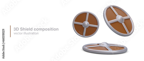 Poster with 3d realistic shield composition. Armor for knights games concept. Armor and protection for computer games. Vector illustration in brown colors