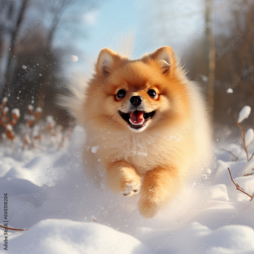 Pomeranian dog running in the field covered in snow in winter Pomeranian dog running in the field covered in snow in winter