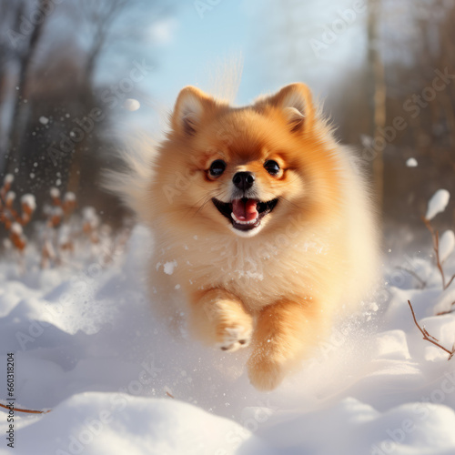 Pomeranian dog running in the field covered in snow in winter © Jasenko
