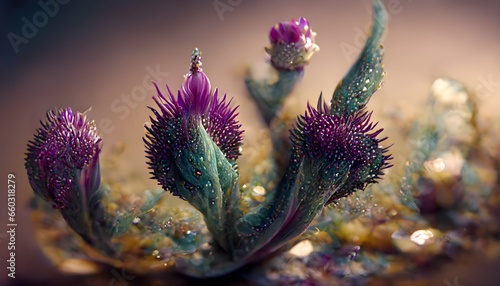 artichoke cactus with purple thistle flower cactus leaves are fish scales of Dolly Varden char purple thistle flower is made from Actinia sea anemone surreal glittering beauty highly detailed octane  photo