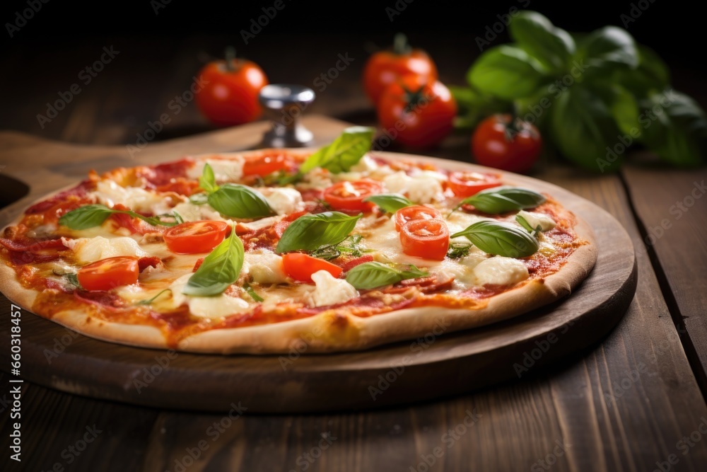 freshly baked italian pizza on a wooden table