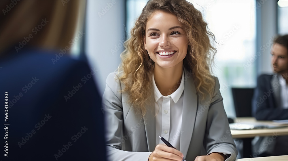 Portrait of young business woman smiling in modern office , Happy young woman working in coworking space