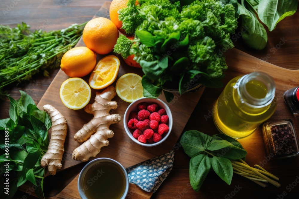 health-focused flat lay with kombucha, greens, and fresh fruits health-focused flat lay with kombucha, greens, and fresh fruits