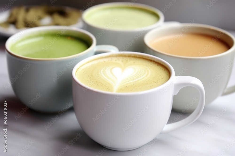 two different lattes: one matcha, one coffee, in white cups two different lattes: one matcha, one coffee, in white cups