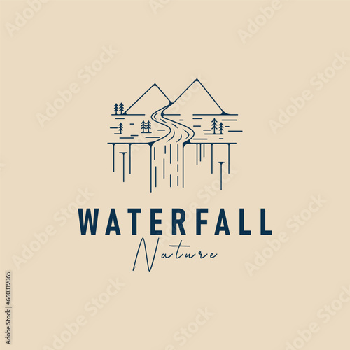 waterfall logo line art vector illustration design with mountain and pine logo design