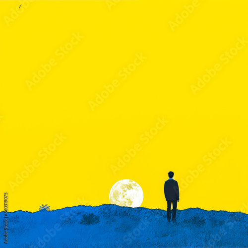 A solitary figure gazes out at the breathtaking panoramic view from a hilltop under the moonlit sky.