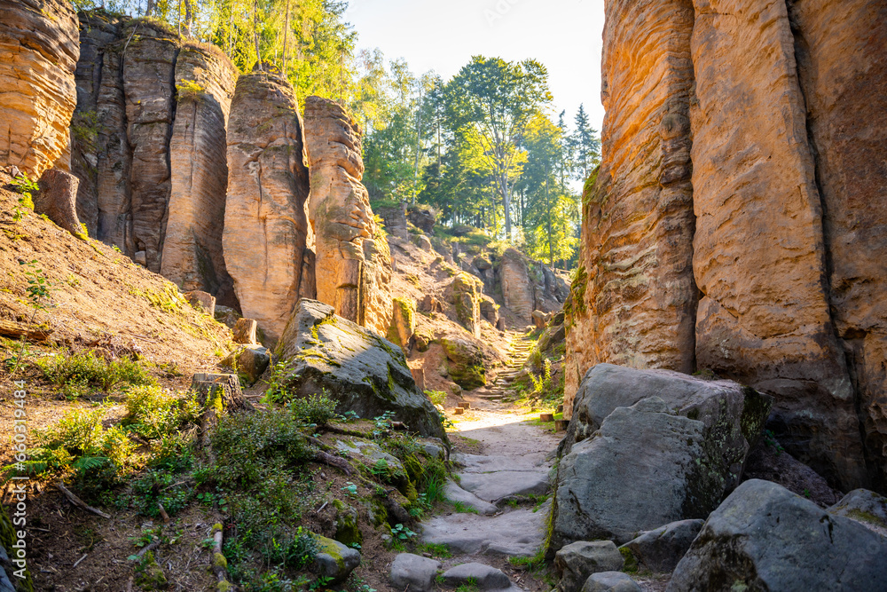 Prachovske skaly in sun lights, Cesky raj sandstone cliffs in Bohemian Paradise, Czech Republic