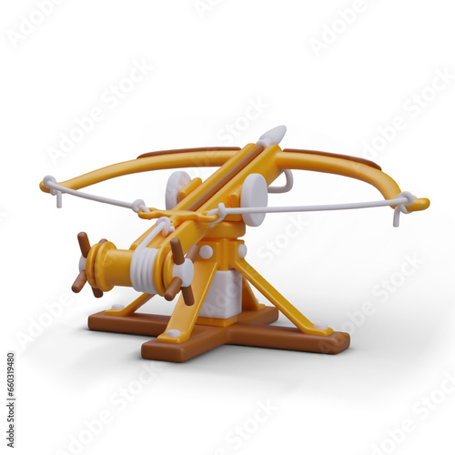 Crossbow with tension blocks. Realistic illustration of vintage portable small arms weapon. Crossbow with stretched bowstring, arrow. Model with ground stand, support