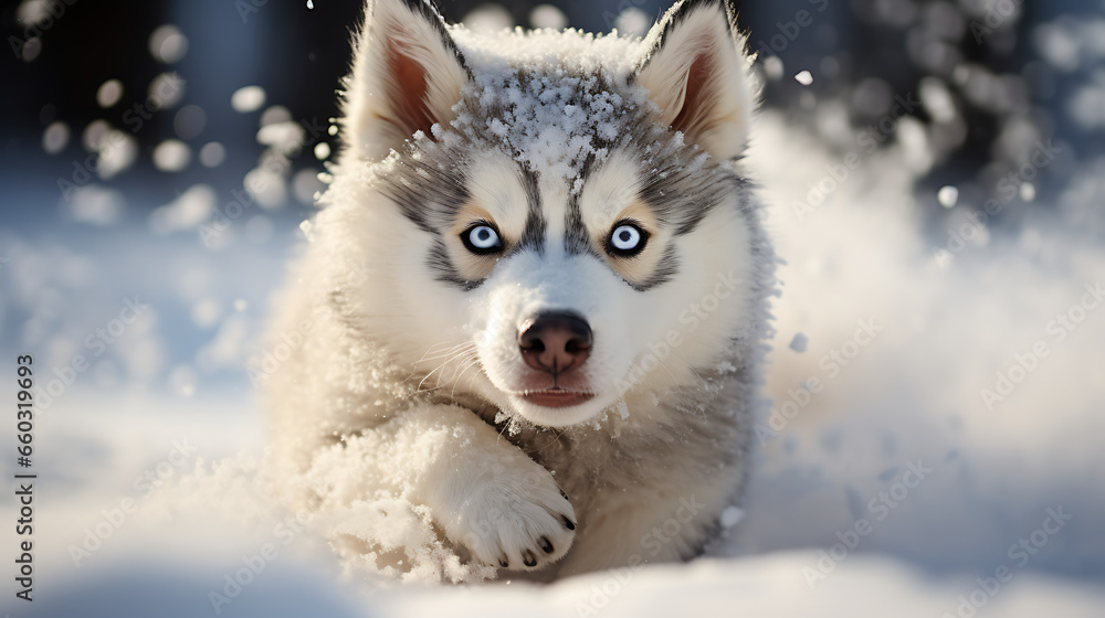 Playful Siberian Husky Puppy in the Snow