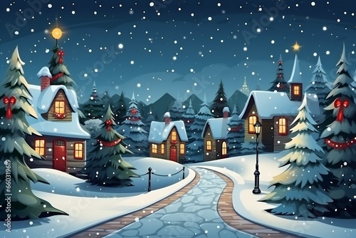 Winter landscape. Christmas background with fairy tale houses. Snowy town at holiday eve. illustration.