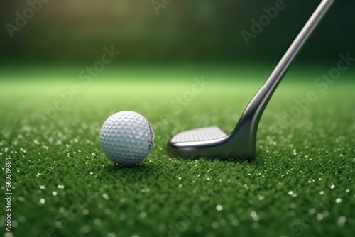 3D rendering of golf ball and club on green fairway. Athletic sports concept. Generative AI