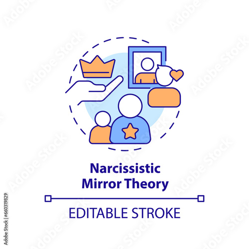 2D editable thin line icon narcissistic mirror theory concept, isolated vector, multicolor illustration representing codependent relationship.