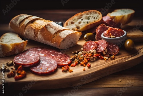 Spanish tapas sliced sausages salami, fuet and chorizo on a wooden board, generative ai