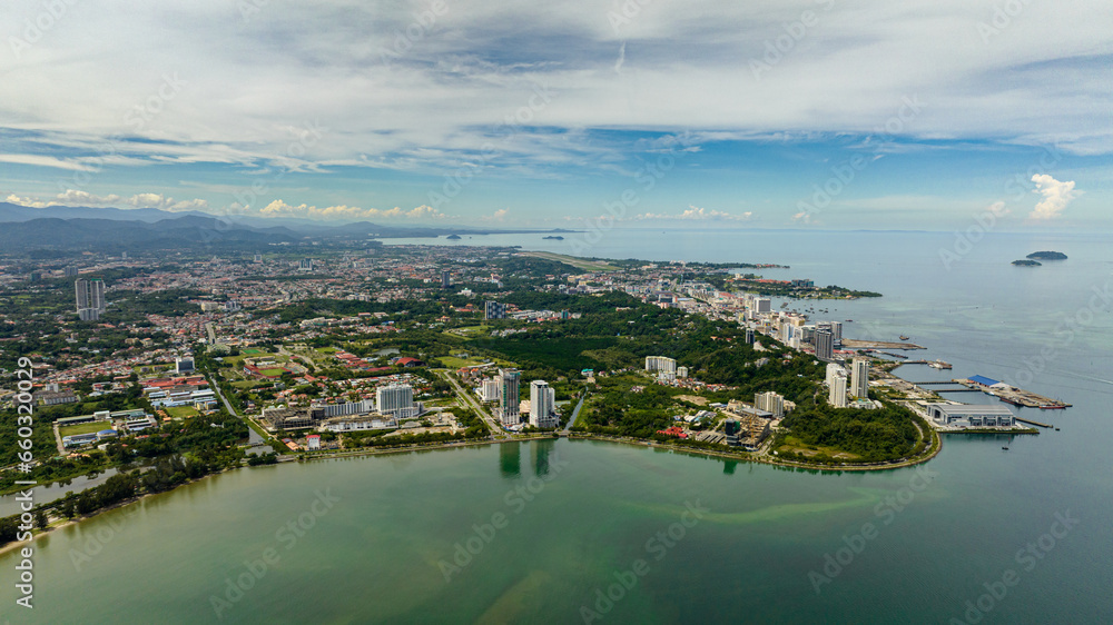 Aerial view of city of Kota Kinabalu on the island of Borneo. Sabah, Malaysia.