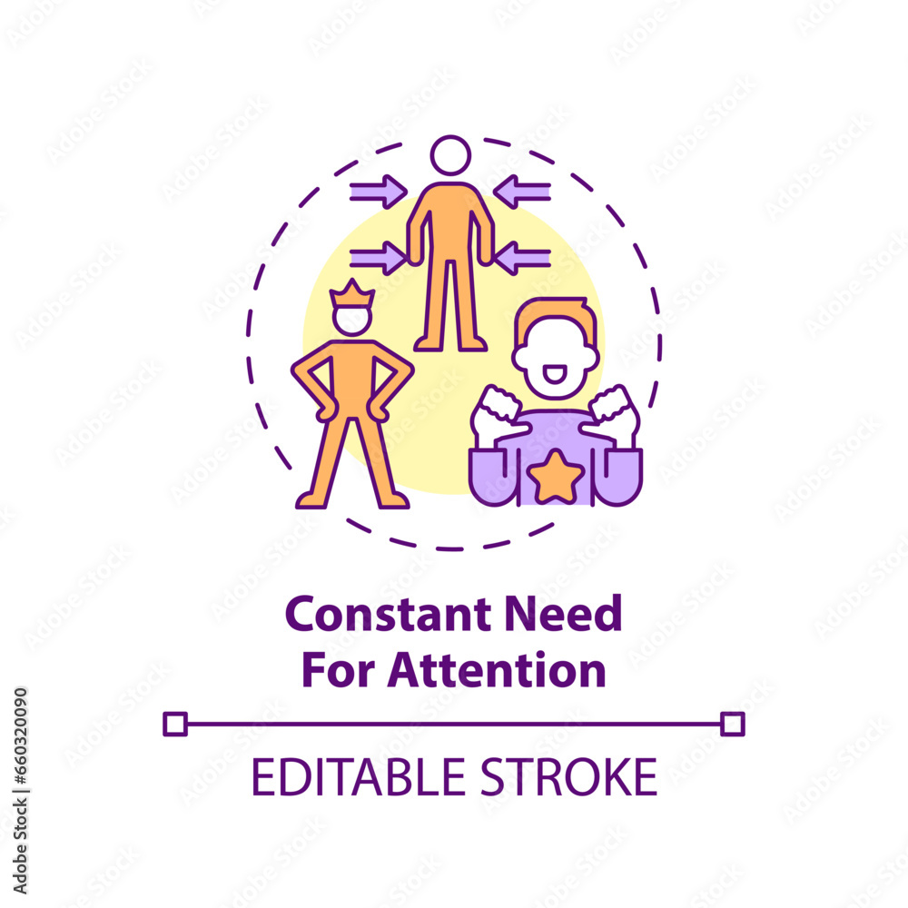 2D editable thin line icon constant need for attention concept, isolated vector, multicolor illustration representing codependent relationship. 2D editable thin line icon constant need for attention concept, isolated vector, multicolor illustration representing codependent relationship.
