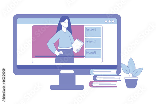 Woman School Teacher or Educator from Computer Screen with Book Vector Illustration