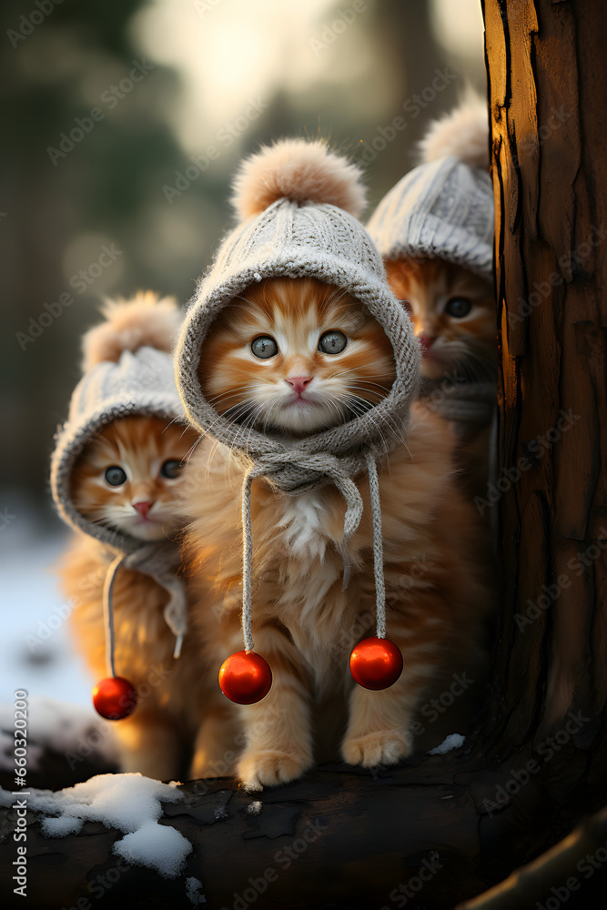 Fototapeta premium Cute fluffy kittens in winter caps, against the background of a Christmas fir-tree. Christmas style cat
