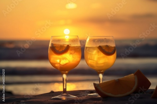 Exotic cocktails served on the beach, golden hour background, copy space, vacation, generative ai