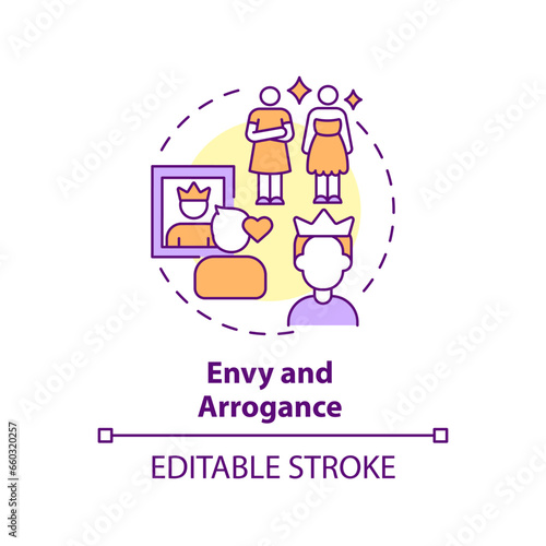 2D editable thin line icon envy and arrogance concept, isolated vector, multicolor illustration representing codependent relationship.