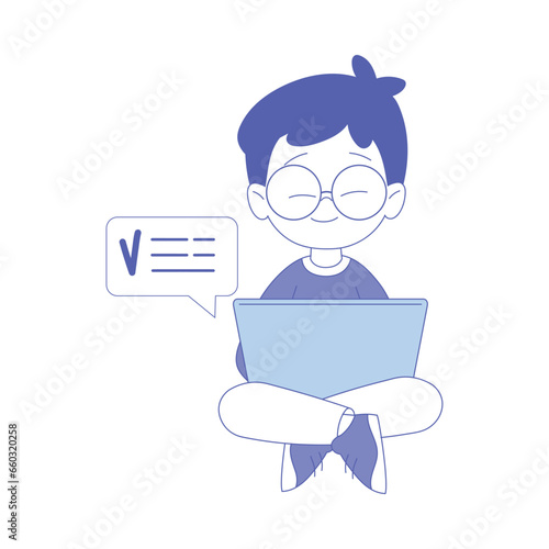 Boy First Grader in Glasses Sitting with Tablet Having Online Lesson Vector Illustration