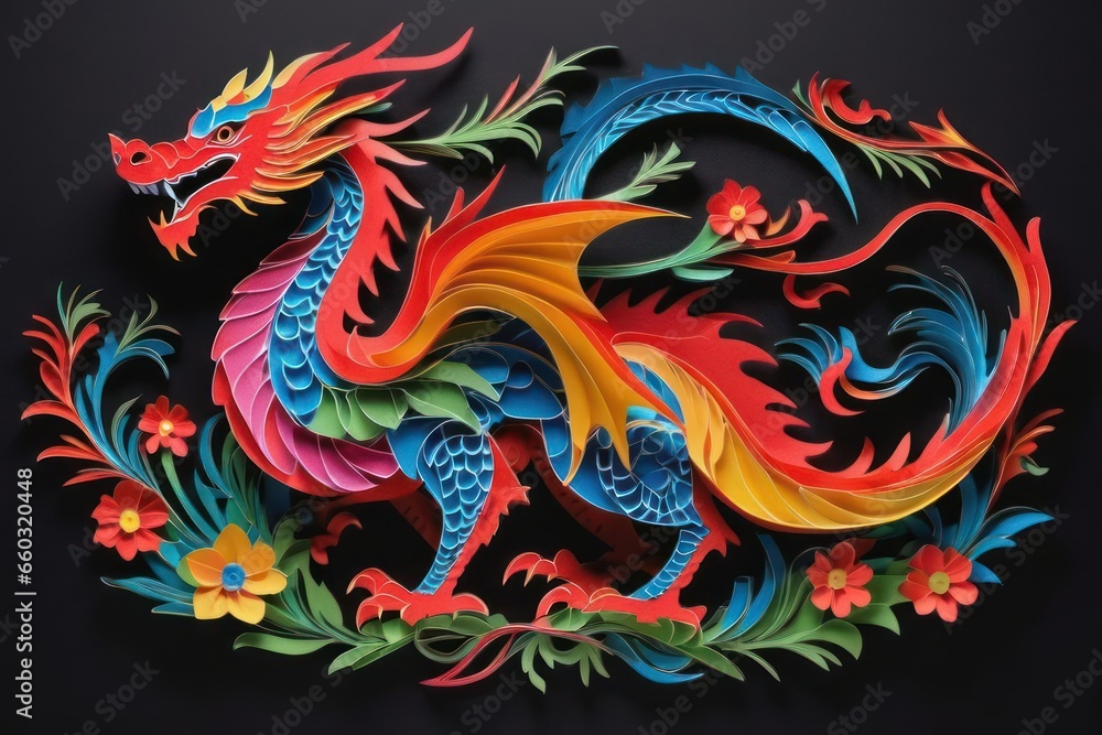 Traditional Chinese dragon paper cut on black background. Symbol of the year 2024 digital art. Generative AI