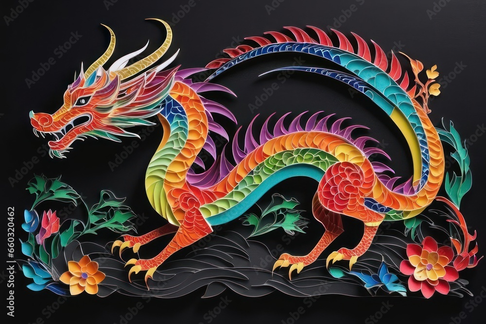 Traditional Chinese dragon paper cut. Symbol of year 2024 digital art. Generative AI