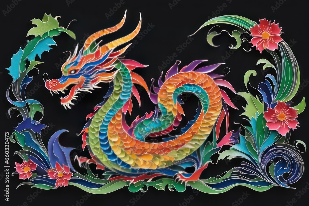 Traditional Chinese dragon paper cut on black background. Symbol of the year 2024 digital art. Generative AI Traditional Chinese dragon paper cut on black background. Symbol of the year 2024 digital art. Generative AI