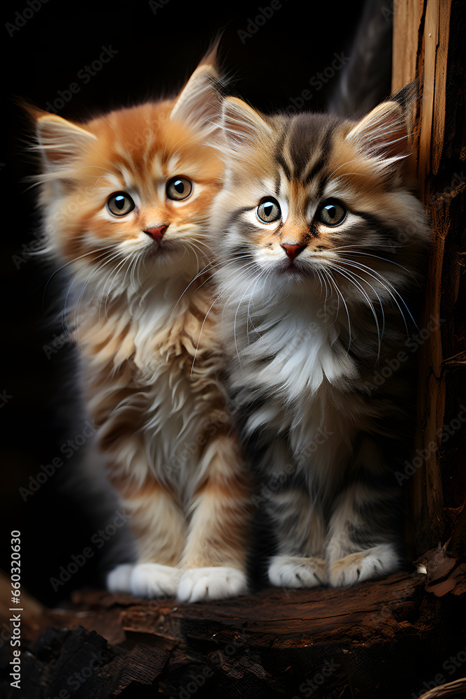 Cute fluffy kittens in winter caps, against the background of a Christmas fir-tree. Christmas style cat Cute fluffy kittens in winter caps, against the background of a Christmas fir-tree. Christmas style cat