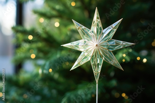 a sparkling paper star tree-topper on a green fir tree