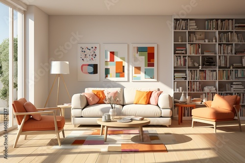 3D photo of a modern sofa in the interior of a room with light from a window © Komkit
