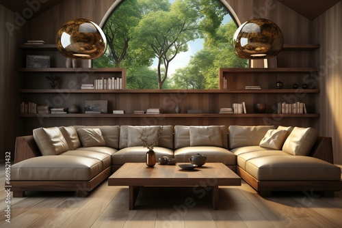 3d photo of dark sofa in modern room interior with window scene in the middle © Komkit