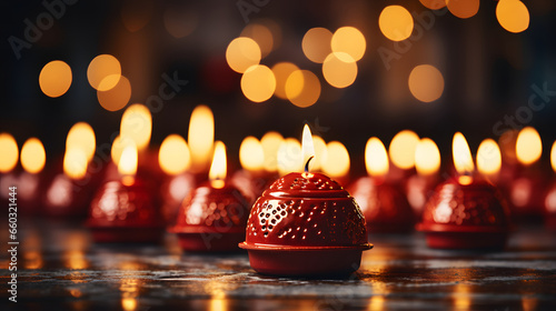 Close up christmas celebration background winter decoration design. Bokeh garlands in the background.