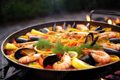 close-up of a seafood paella in a traditional paella pan