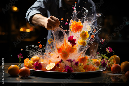 A man sprinkling water on oranges on a plate. A man is sprinkling oranges with water on a plate