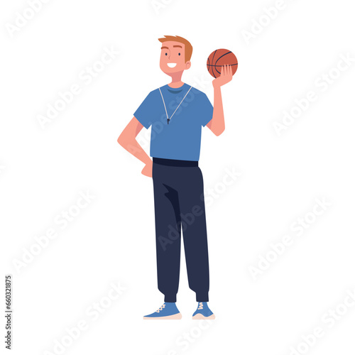 Young Man Teacher Character in Sportswear Standing with Ball Teaching Sport Education Vector Illustration