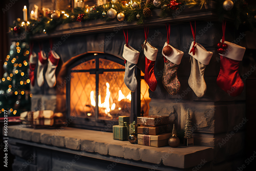 Christmas socks with gifts on fireplace in living room
