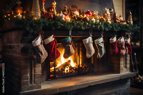 Christmas socks with gifts on fireplace in living room 
