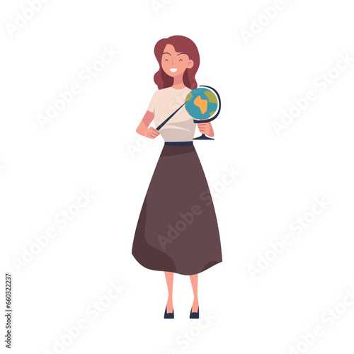 Young Woman Teacher Character Standing with Pointer and Globe Teaching Vector Illustration