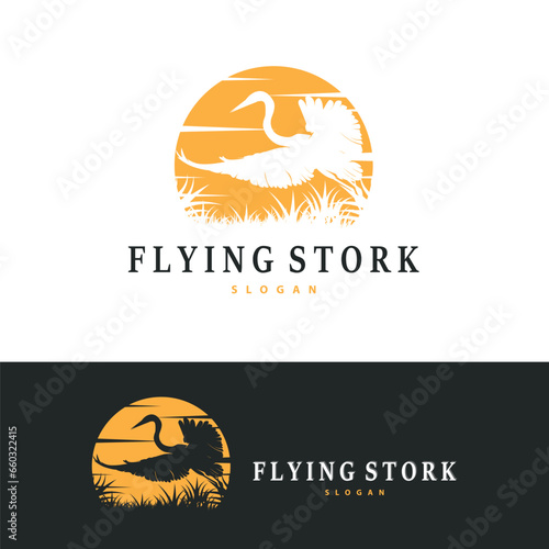 Stork Bird Logo, Heron, Grass, And River Design, Vector Simple Template illustration