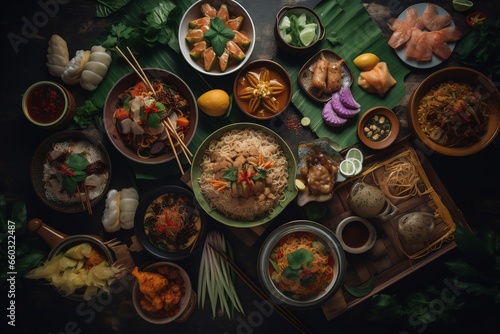 assorted thai food in flat laying, generative ai