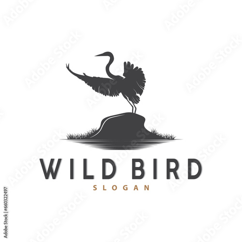 Stork Bird Logo, Heron, Grass, And River Design, Vector Simple Template illustration