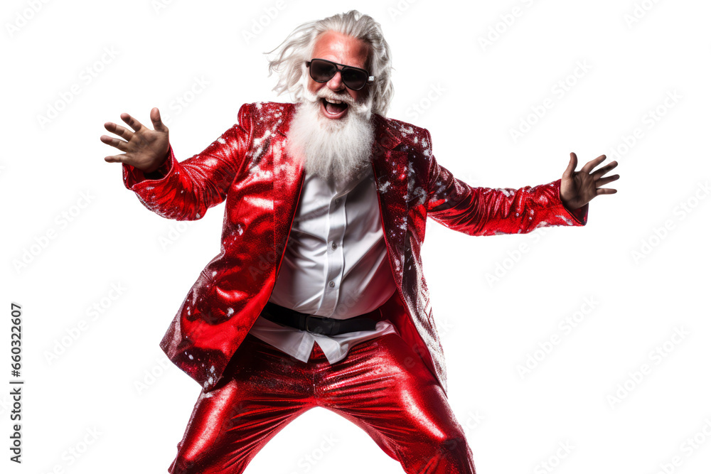 stylish aged playful emotion Santa in sunglasses with comic grimace fooling around on white background stylish aged playful emotion Santa in sunglasses with comic grimace fooling around on white background