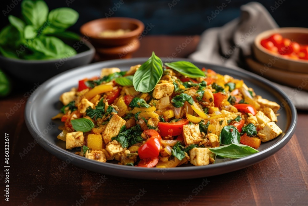 bowl of tofu scramble with peppers and herbs
