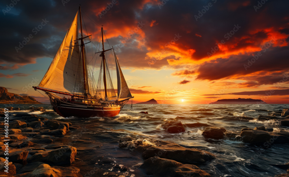 A serene boat floating on calm water. A sailboat sailing on the tranquil ocean at the beautiful sunset