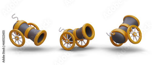 3d realistic cannon on wheels in different positions on white background. Artillery concept. Pirate medieval explosion game. Vector illustration in yellow and black colors